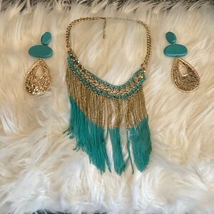 Unbranded golden and turquoise color bold necklace and earrings